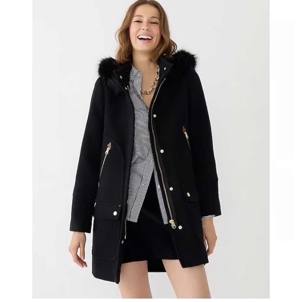 NWT J. Crew Black Parka Italian Stadium Cloth w/ Hood Size 0P Winter ~ Cozy!